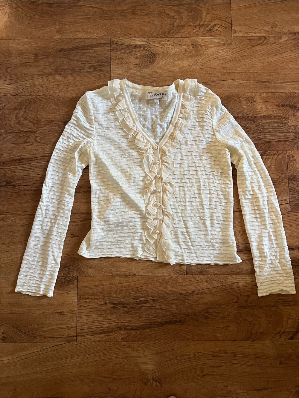 Vintage St. John Cream Ruffle-Trim Knit Cardigan
